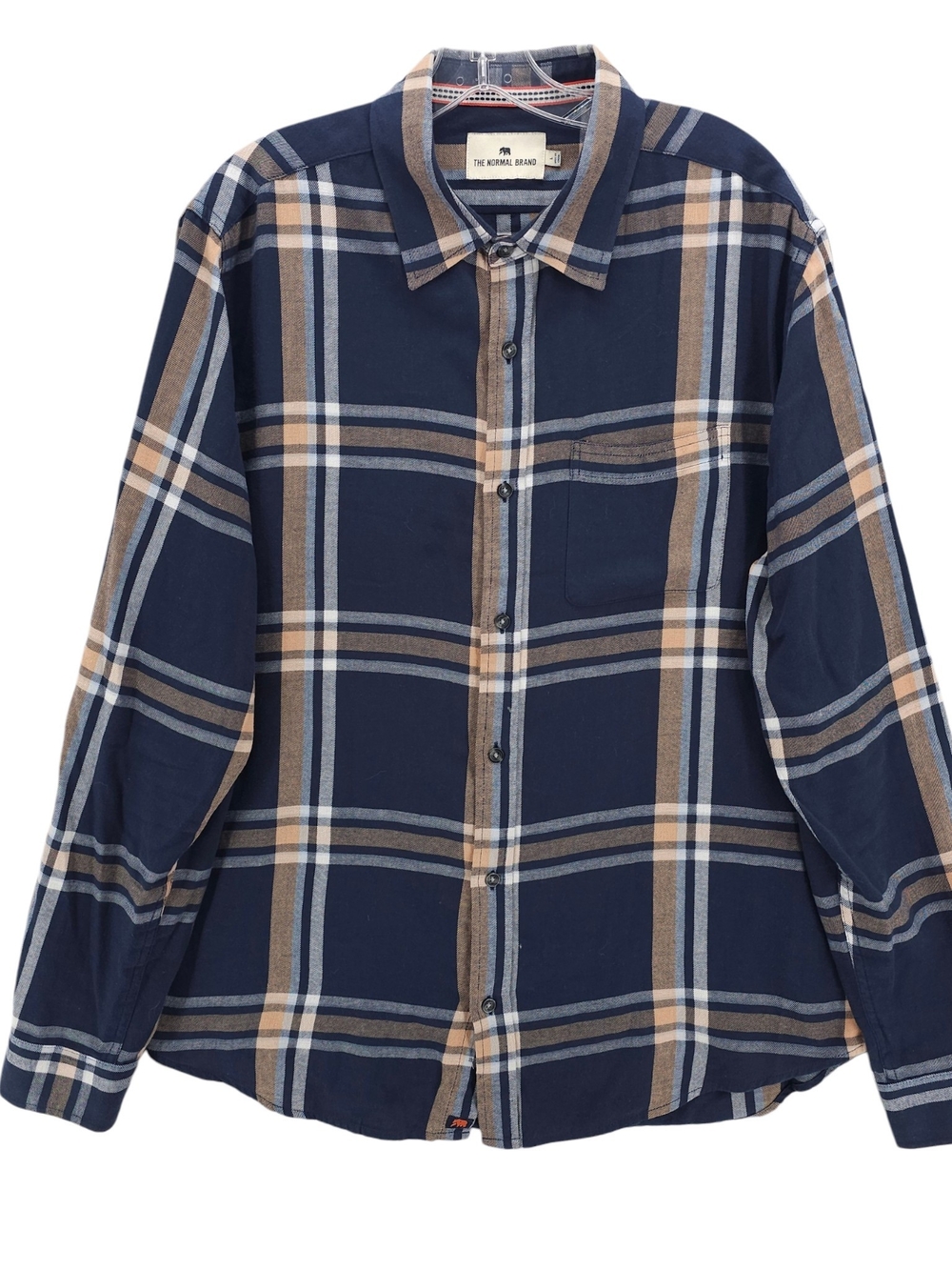 THE NORMAL BRAND Blue Tan Plaid Long Sleeve Shirt 100% Cotton Men's LARGE